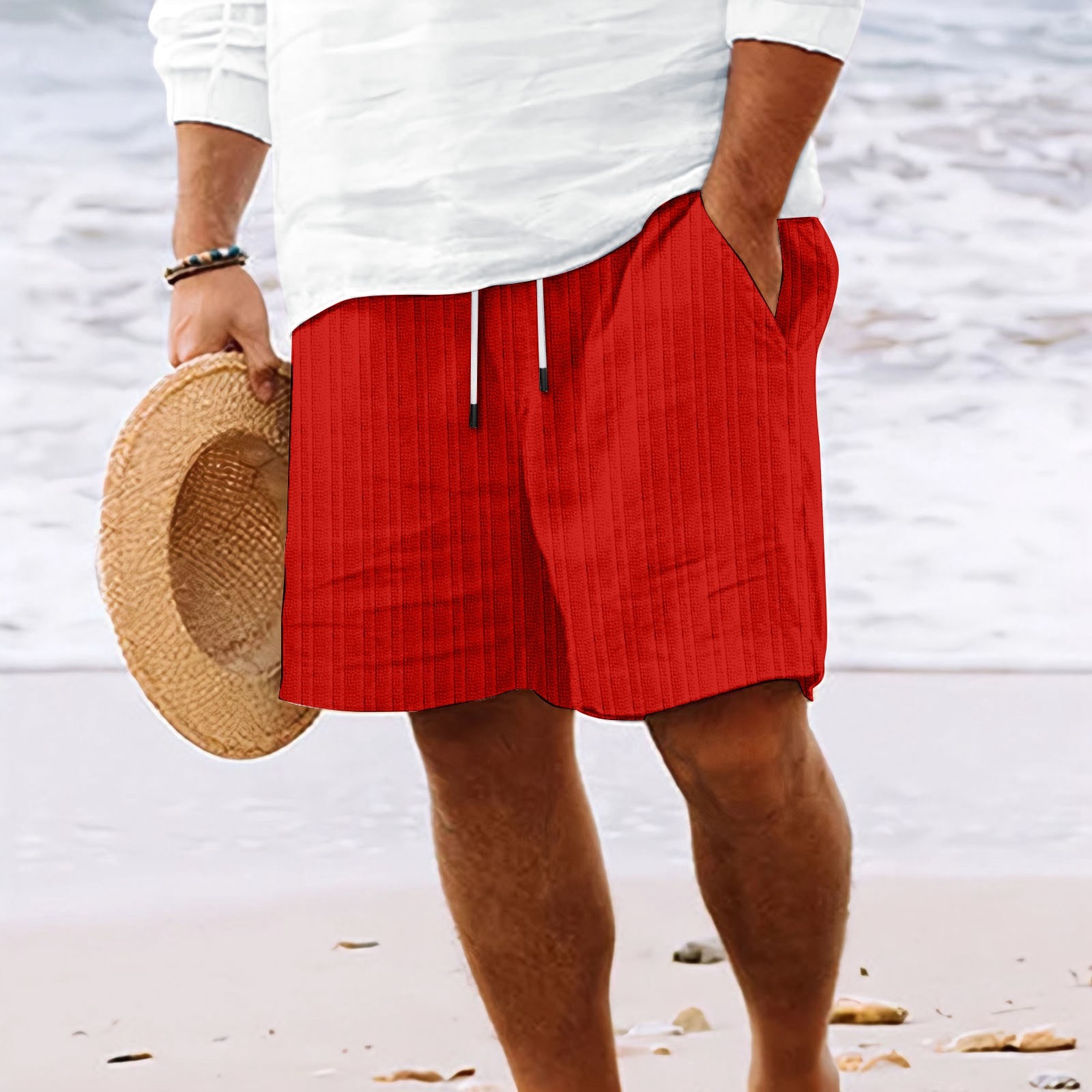 thumbnail image 2 of Pantalones cortos de playa a rayas con múltiples bolsillos para hombre - Mezcla de algodón y poliéster, cintura con cordón, bañador informal de verano, 2 of 8